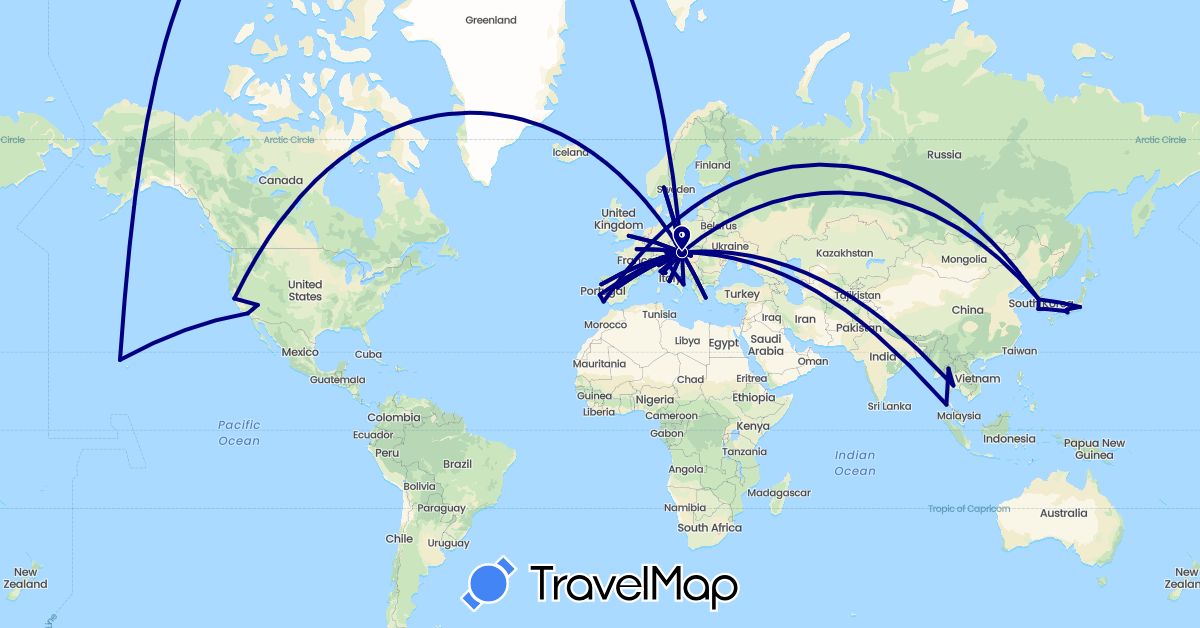 TravelMap itinerary: driving in Austria, Czech Republic, Germany, Spain, France, United Kingdom, Greece, Hungary, Italy, Japan, South Korea, Norway, Portugal, Slovakia, Thailand, United States (Asia, Europe, North America)